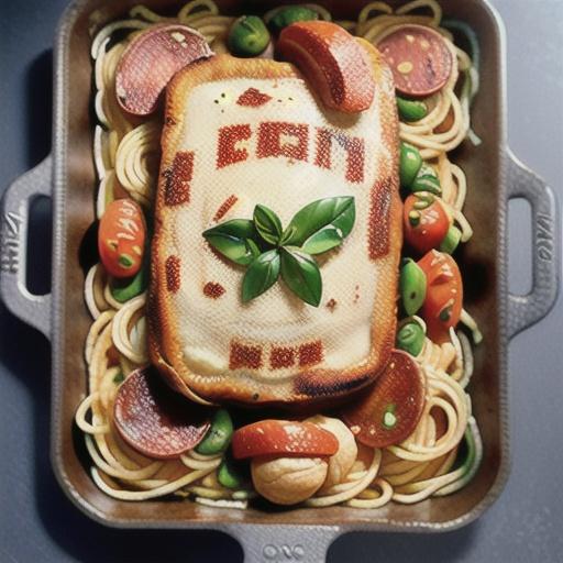 Spaghetti, pepperoni and lentil bake