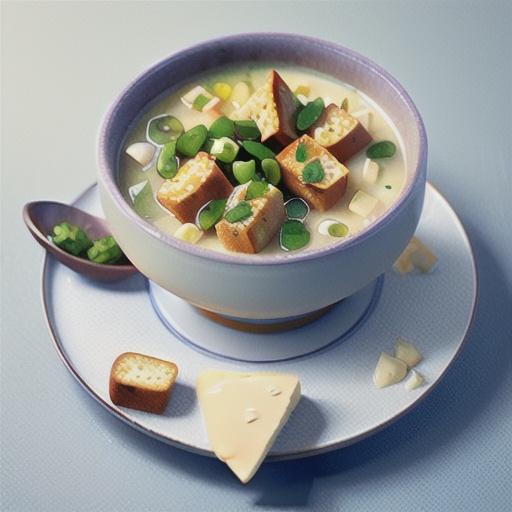 Creamy chicken soup with cheesy croutons