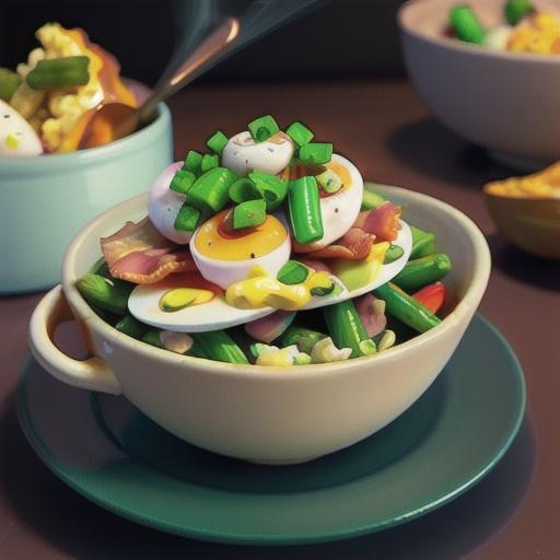 Bacon and egg salad of green beans, soft-boiled egg and pancetta