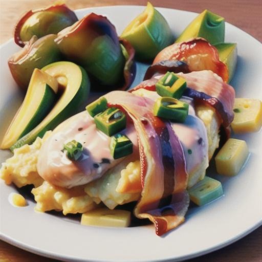 Bacon-wrapped chicken on chive mash