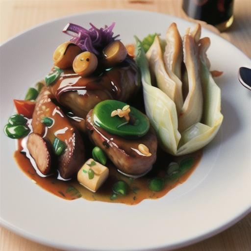 Duck with spiced red wine sauce and braised cabbage