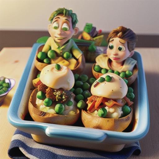 Baked potatoes with savoury mince and peas