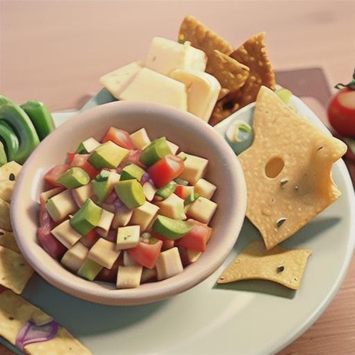 Tortilla chips with tomato salsa & cheese dip