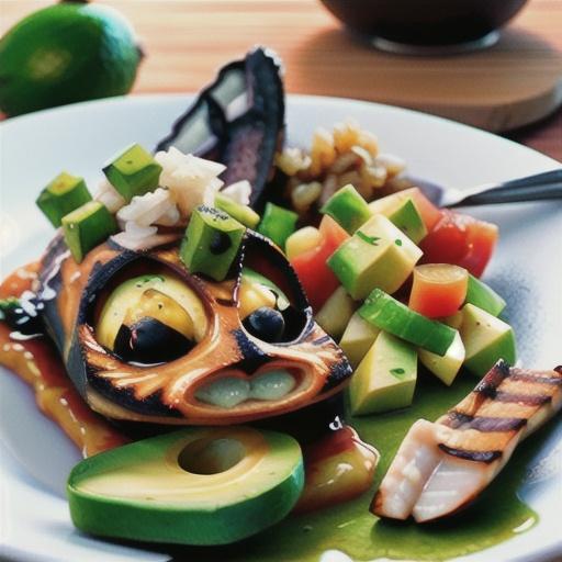 Grilled fish with lime, fresh coconut and avocado relish