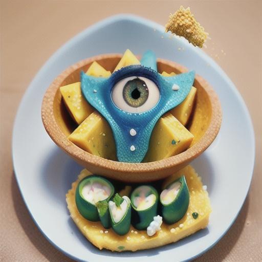 Herb-rubbed blue-eye trevalla on corn and feta polenta triangles