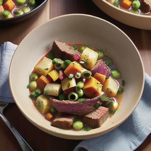 Stewed beef with root vegetables and mustard
