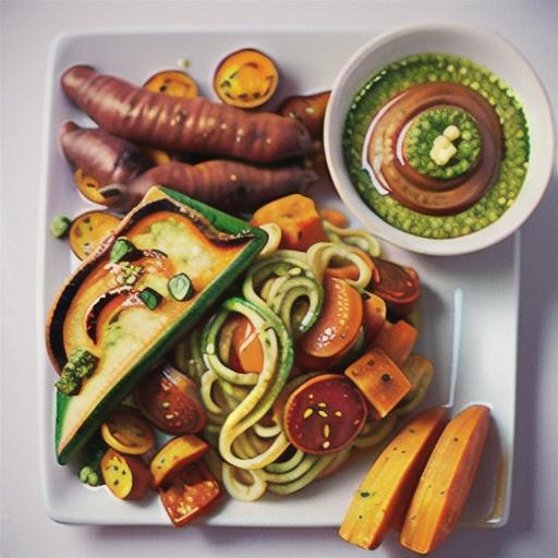Sweet potato noodles with chorizo and pesto