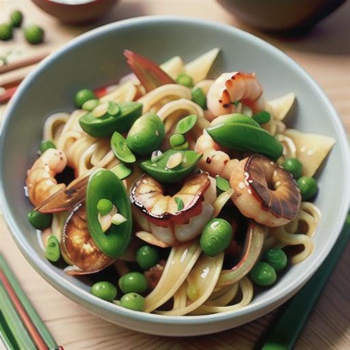 Stir-fried scallops, prawns and snowpeas with longevity noodles