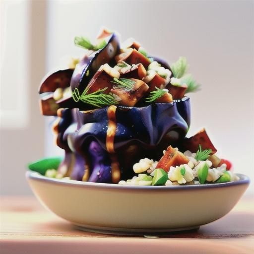 Baked eggplant with barley, feta and dill