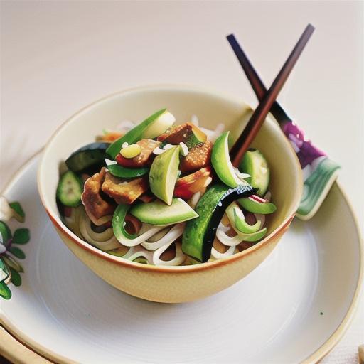 Stir-fried pork and pickled cucumber on rice noodles