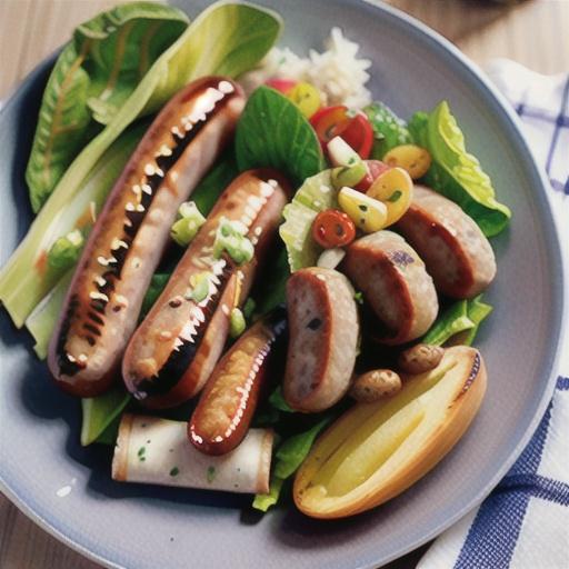 Oregano pork sausages with Greek salad