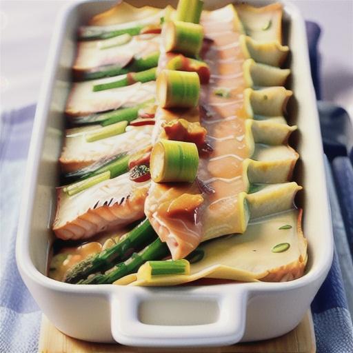 Salmon, leek and asparagus lasagne