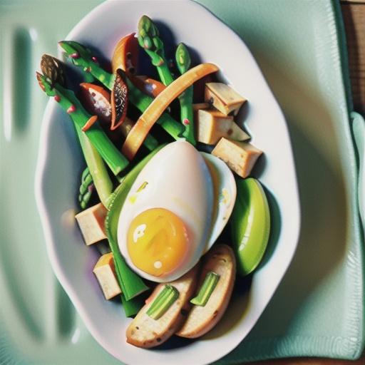 Poached chicken, googy egg and asparagus salad