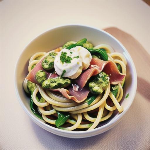 Spaghetti with ricotta, prosciutto and rocket pesto