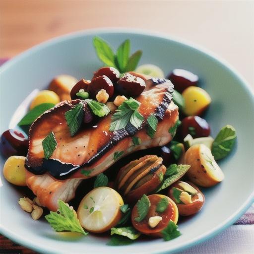Caramelised turkey chops with dried cherry, mint and walnut salad