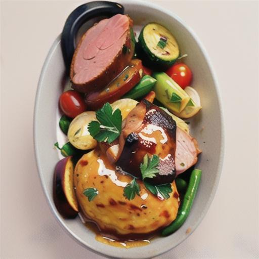 Tomato-glazed meat-free roast with garlic veg and gravy recipe