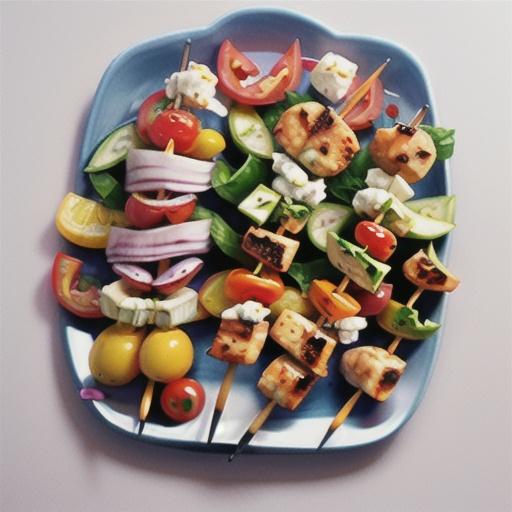 Chicken kebabs and tomato feta salad