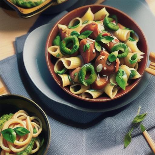 Chilli chicken with pasta and basil pesto