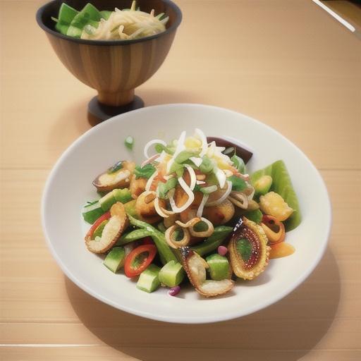 Crispy rice cake with stir-fried Pad Thai prawns and crunchy salad