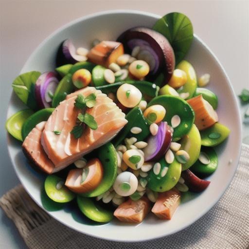 Spring pearl barley salad with ginger-poached salmon
