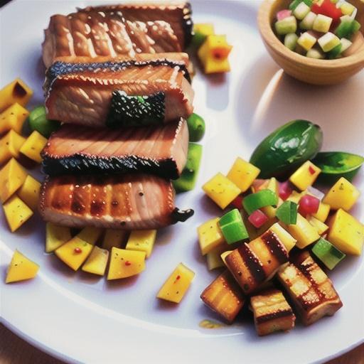 Barbecued cinnamon and ginger pork with mango chilli salsa