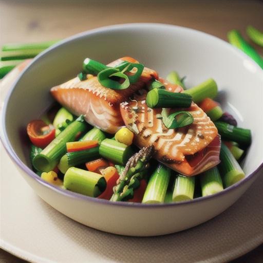 Salmon on slow-roasted leeks, witlof and asparagus