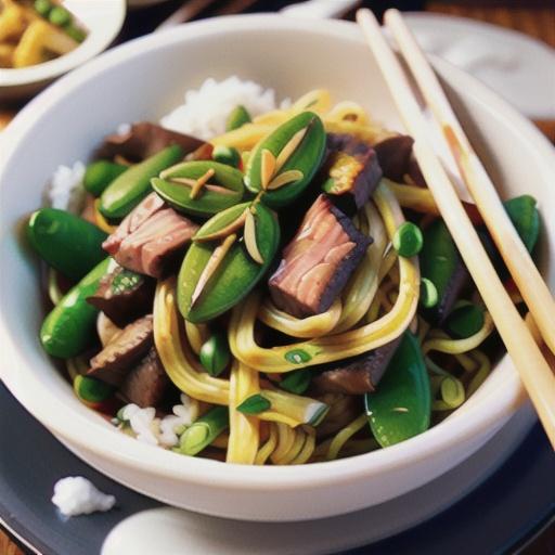 Singapore noodles with lamb and snow peas