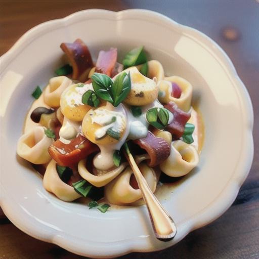 Tortellini with creamy mushroom and bacon sauce
