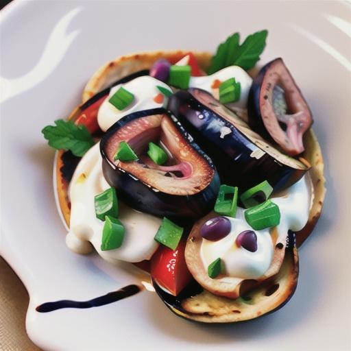 Barbecued lamb paillard with eggplant and tahini yoghurt sauce