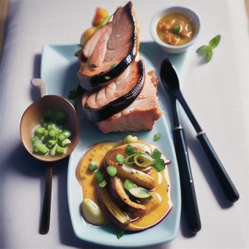 Roast pork with Thai chilli-mustard sauce and herbs recipe