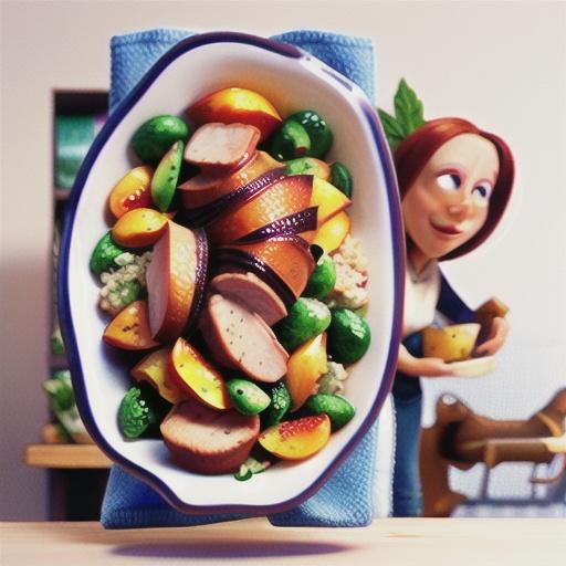 Roast pork with quinoa stuffing and roast peach salad