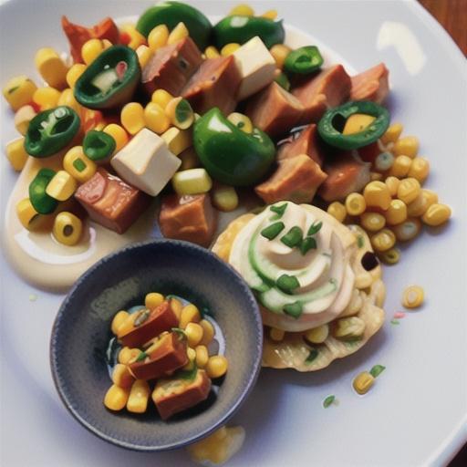 Chilli pork with avocado cream and corn
