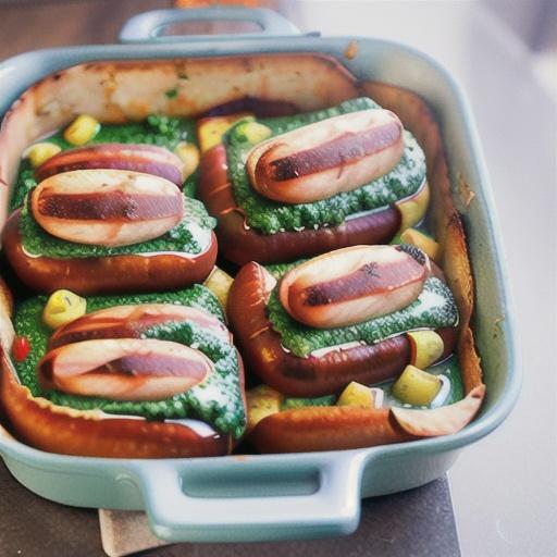 Sausage bake with rocket pesto