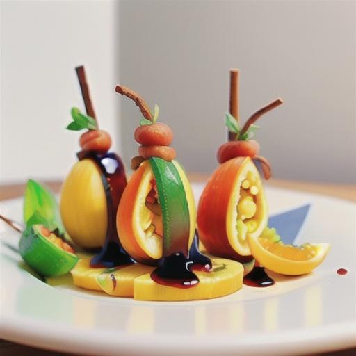 Melon skewers with orange and passionfruit syrup