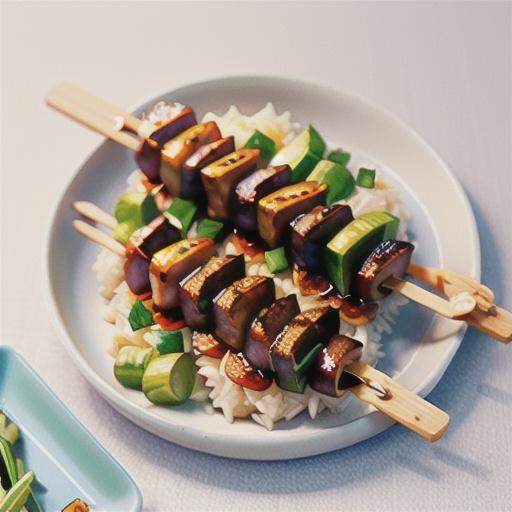 Sticky plum pork kebabs with green onion rice
