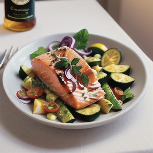 Poached salmon with cured zucchini salad