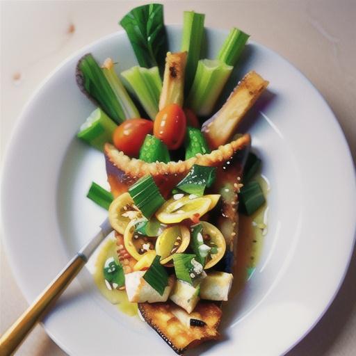 Saganaki with celery, lemon and olive salata