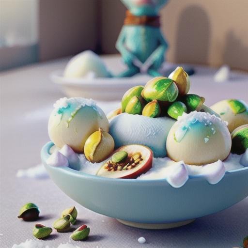 Snow eggs in passionfruit syrup with pistachios