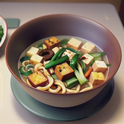 Vegan Udon Noodles Soup with Tofu and Vegetables