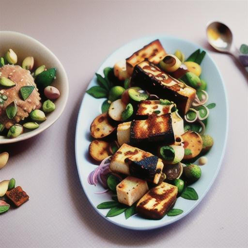Pistachio dukkah lamb cutlets with lentil and haloumi salad