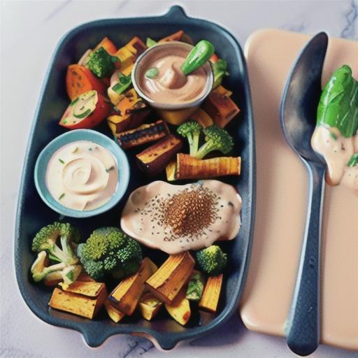 Vegetarian lentil and broccoli tray bake with creamy tahini dressing