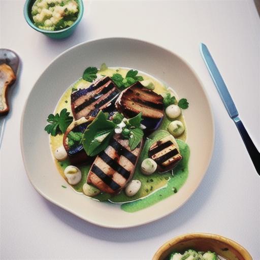 Grilled pork steaks with hazelnut and parsley salsa verde