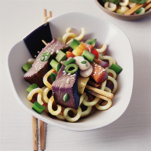 Soy and sesame beef skewers with udon noodle stir-fry