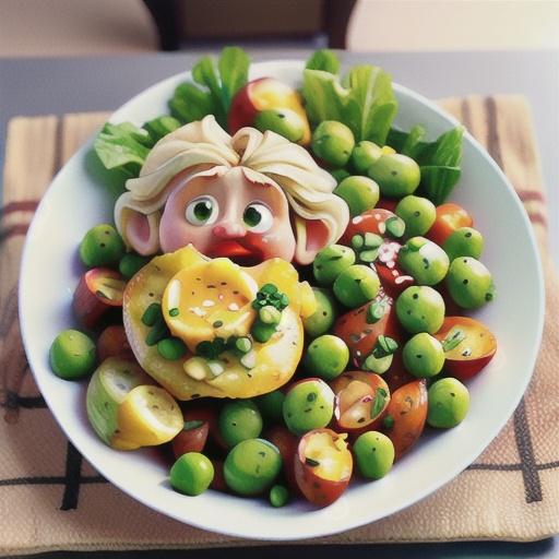 Smashed potato, pea and chicken salad