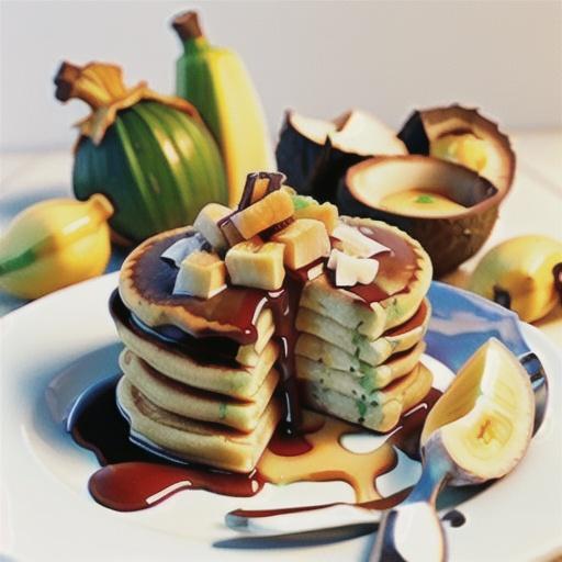 Coconut pancakes with bananas in caramel sauce
