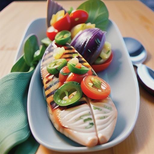 Grilled fish with tomato and olive salad