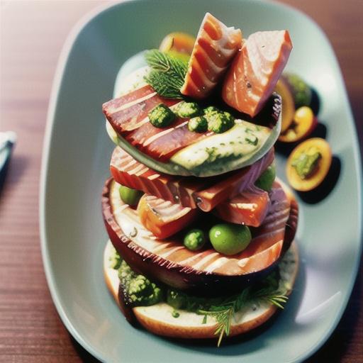 Risoni, vegie & salmon stack with dill & almond pesto