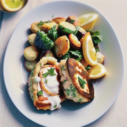 Salmon fishcakes with horseradish and lemon kale