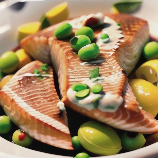 Pan seared salmon with smashed peas