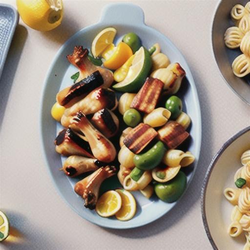 Smokey barbecued lemon drumsticks with Mediterranean pasta salad